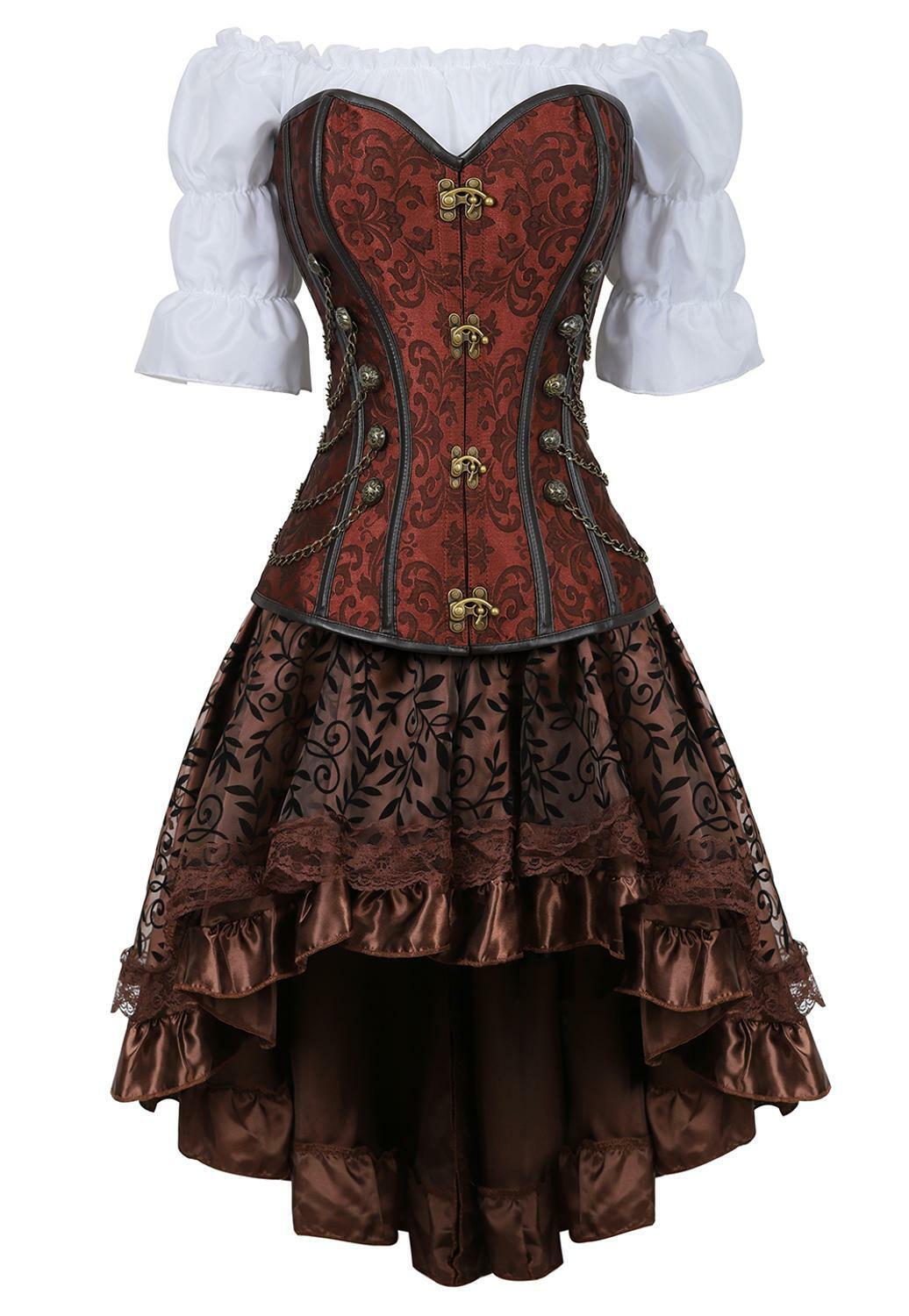 Corset Skirt 3 Piece Leather Dress Bustiers Corset Steampunk