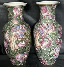 Vintage C & F Enterprises Pink And Green Fruit Design Vase Grapes Peach Set of 2
