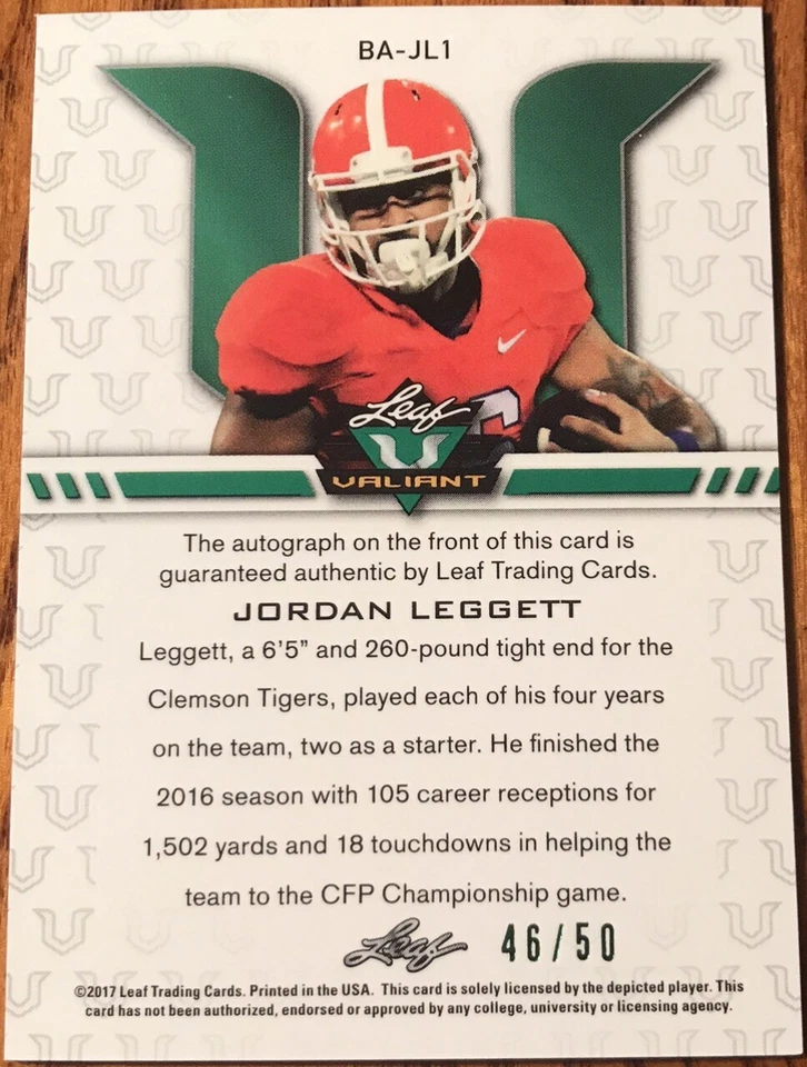 2017 Leaf Valiant Autograph Jordan Leggett #BA-JL1 Clemson Tigers #’d 46/50 - Image 2 of 2
