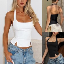 Ladies Tank Tops Backless Summer Sexy Halterneck Vest Cami Split Slim Tee Shirts