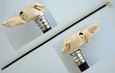 CANNE de DANDY Pommeau Tête de Lévrier Yeux en Sulfure Bague Argent XIXème