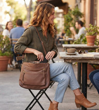 Bueno Brown Faux Leather Multi-Zip Shoulder Bag Hobo Crossbody Large Gold