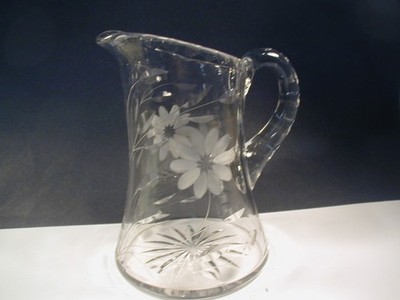 Tiffin Glass Pitcher with Etched Floral and Stem Pattern from the 1930's