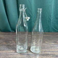 2 Clear Glass Square Round Bottles w/Stopper 12.5 Inches High - Made In Italy