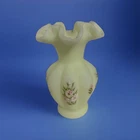 Vintage Fenton UV Custard Pink Flowers Glass Hand Painted Ruffled Edge Vase
