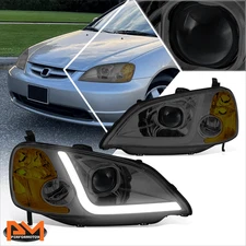 For 01-03 Honda Civic Sedan 3D LED DRL Projector Smoked/Amber Headlights Lamps