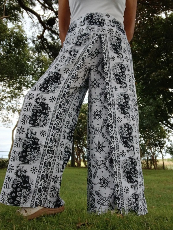 Black White Thai Elephant Hippie Harem Boho Pants Wrap Around