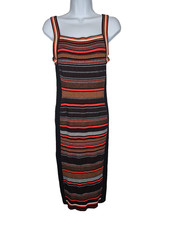 Karen Millen Knit Bodycon Midi Dress M Striped Geometric Stretch Statement