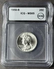 1950-S Washington 90% Silver Quarter ICG MS65 - Gem Uncirculated - Sharp Lustre!