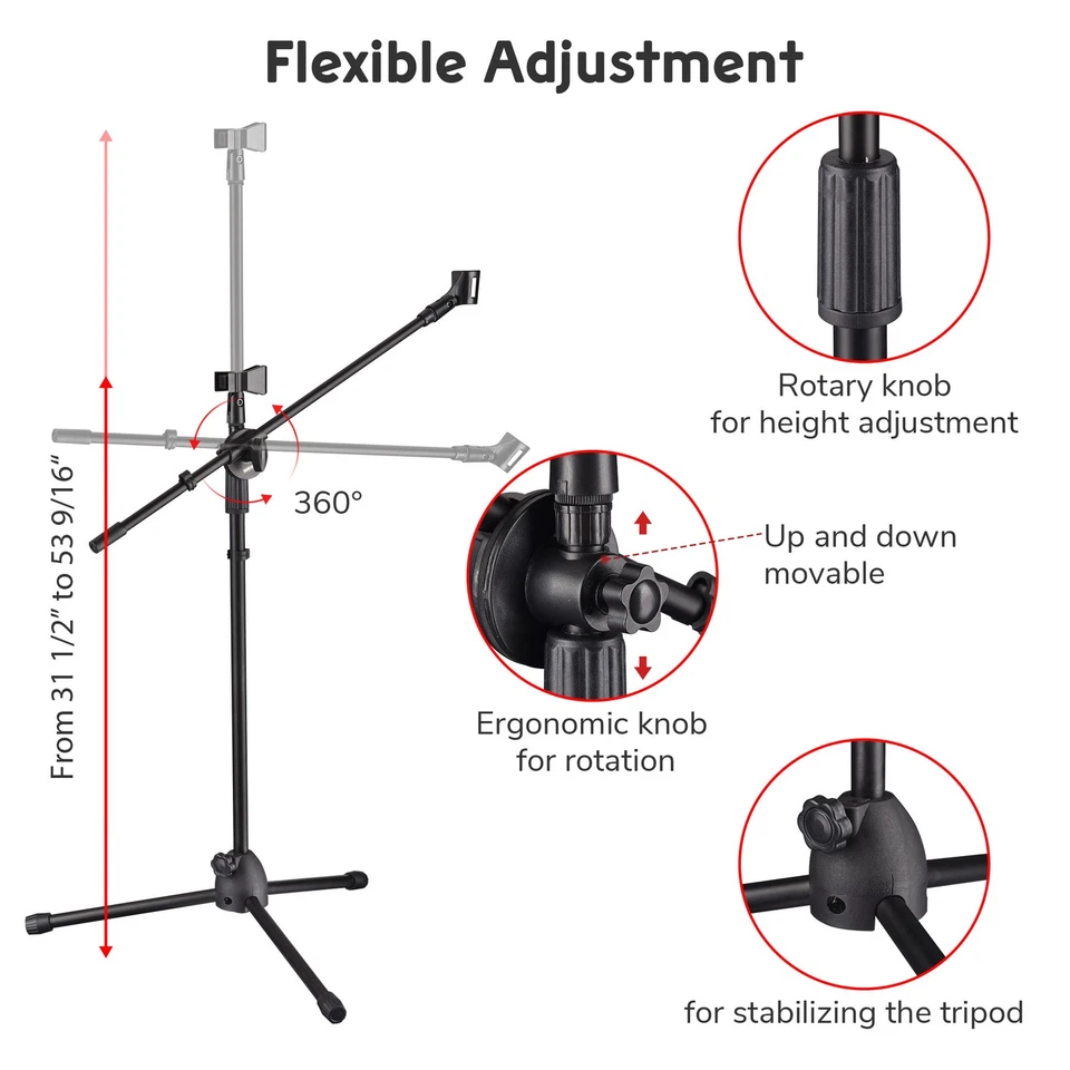 12x Microphone Boom Stand Dual Mic Clip Folding Arm Tripod Height Adjust Holder - Image 4 of 4