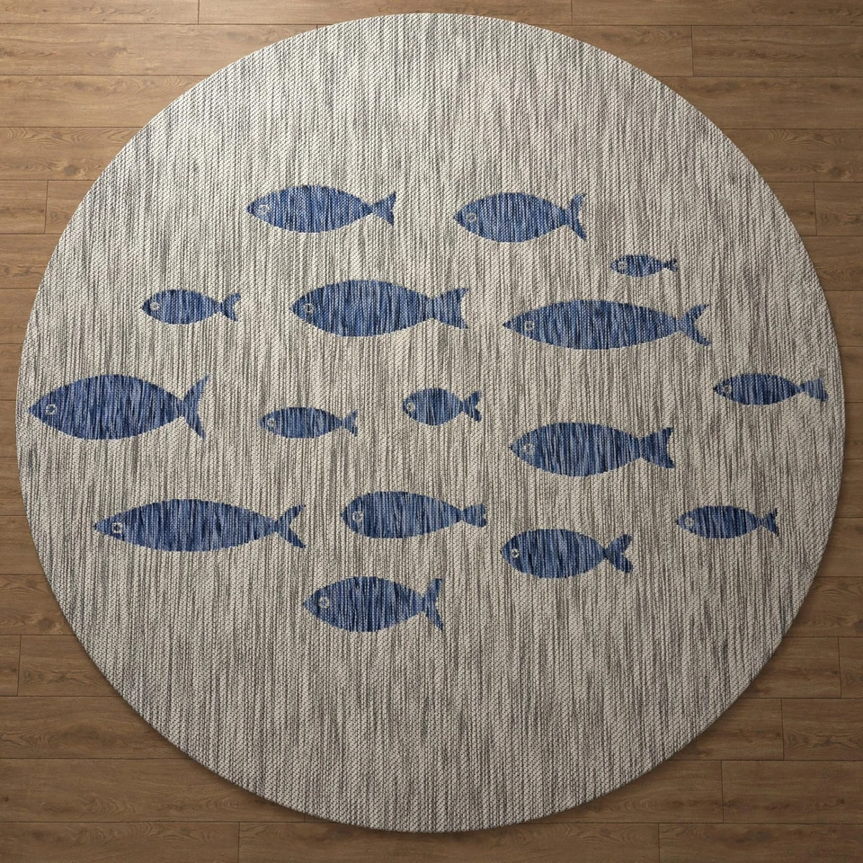 Alfombra redonda de 5 pies para interior/exterior LR Home para decoración del hogar | Coastal of Fish La... Foto 2 de 4