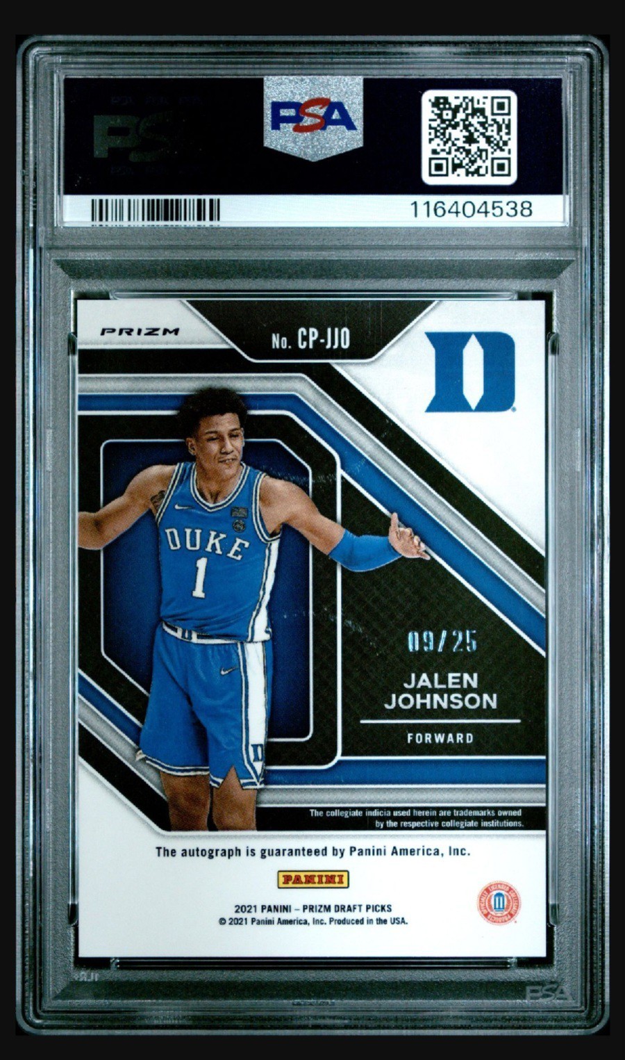 PSA 9 - JALEN JOHNSON #/25 Auto 2021 Prizm DP Penmanship GREEN PULSAR - DUKE RC view 2