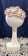 Vintage 1950s-60s Pink Mesh Cocktail Hat Fascinator Cream Flowers Pearls