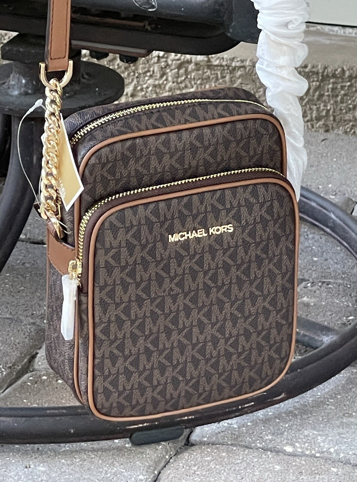 MICHAEL KORS FLIGHT BAG MEDIUM NS CHAIN CROSSBODY SHOULDER MK BROWN SIGNATURE thumbnail 3