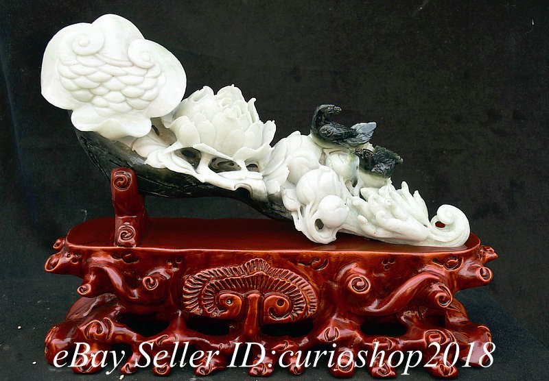 15.2" Chinese Natural Dushan Jade Carving Lotus Bird Ganoderma Ruyi Statue
