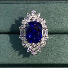 Features Blue 20.00CT Sapphire Lab-Created White Diamonds Cluster Women Ring