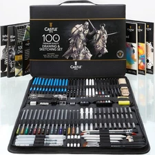 100 Piece Drawing & Sketching Set | Graphite, Charcoal, Pastel, Metallic Penc...