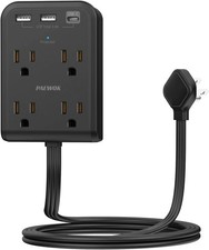 PAEWOK Flat Plug Power Strip with 4 Outlet 3 USB, 4 FT, Black Outlet Extender