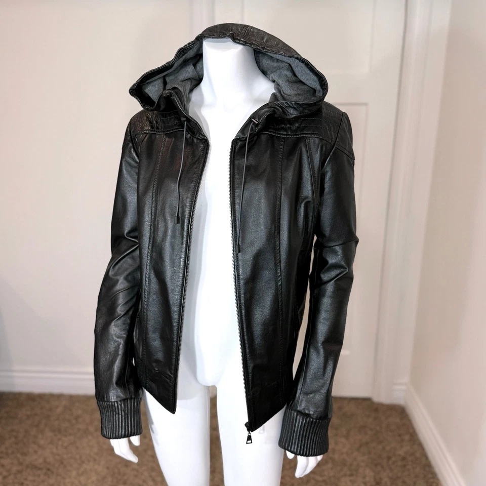 CHAQUETA CON CAPUCHA DE CUERO DANIER para mujer L negra con capucha bomber manga extra larga Foto 3 de 4