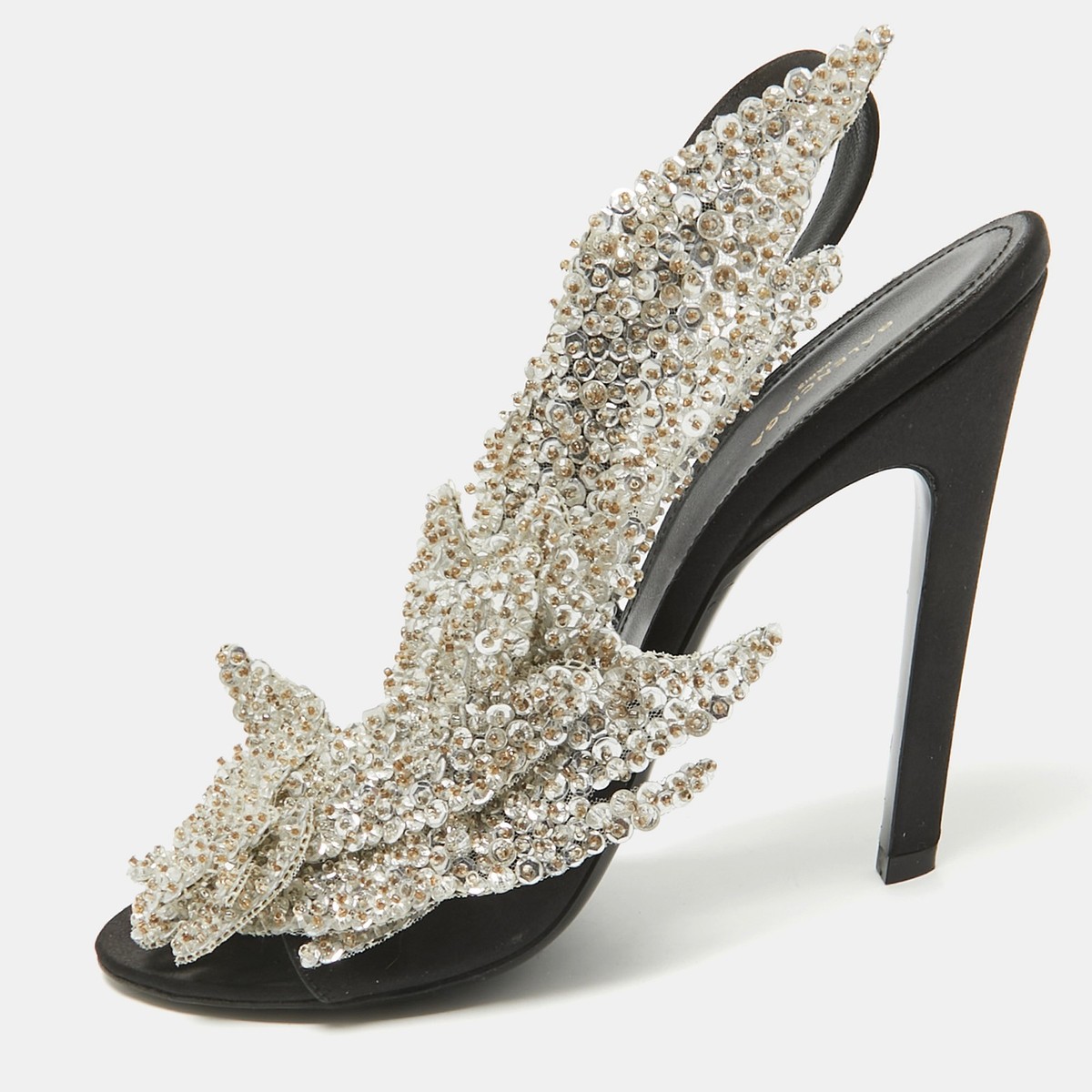 Balenciaga Black Satin Sequins Embellished Slingback Sandals