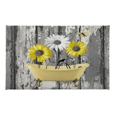 Rustic Farmhouse Floral Bath Mat Yellow Flower and Butterfly on Rustic Wood B...