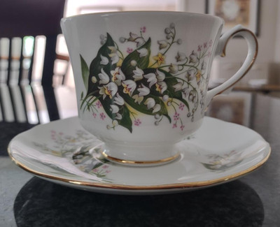 Duchess Bone China England  Floral Tea Cup & Saucer Month of May Trimmed in Gold