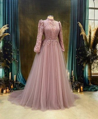 Muslim Arabic Prom Occasion Dresses Applique Long Sleeve High Neck Evening Gown
