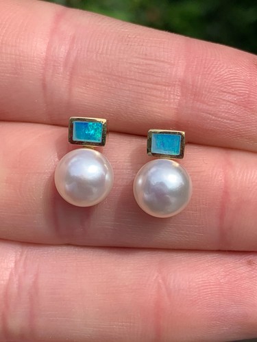 18ct gold inlaid opal cultured pearl earrings vintage