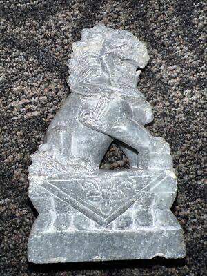 Vintage Carved Gray Stone Foo Dog On Pedestal 4'' x 2.25'' x 1.75'' Heavy Door Stop