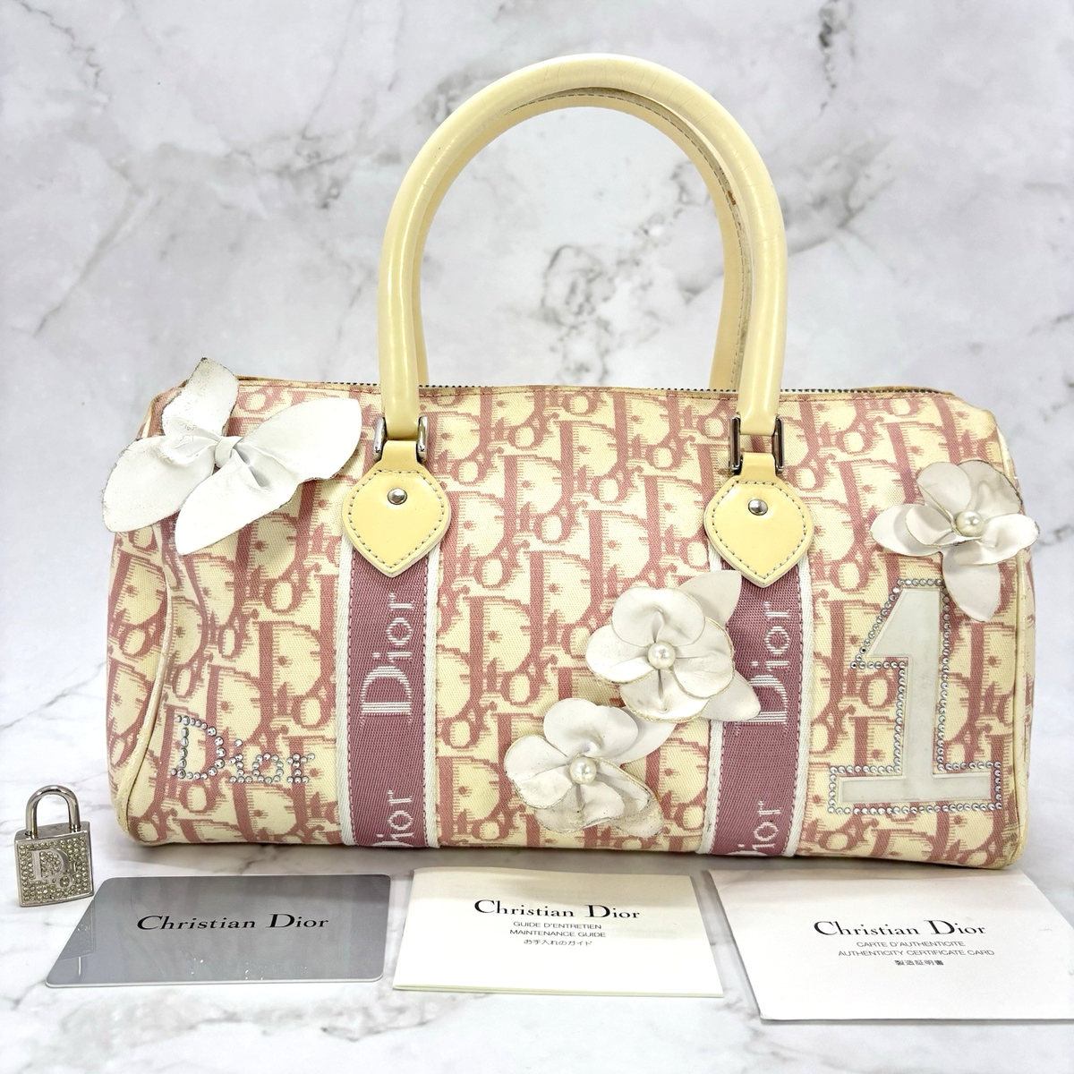 VINTAGE Dior Trotter Flower PINK White Canvas Handbag Boston