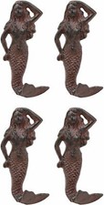 Ebros 6" Tall Cast Iron Finish Wall Coat Hook Mermaids Accent Hooks Set of 4
