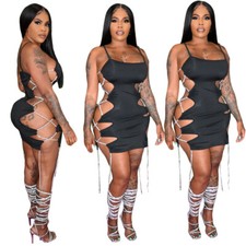 Sexy Women Side Lace Up Spaghetti Strap Bodycon Cocktail Party Night Club Dress
