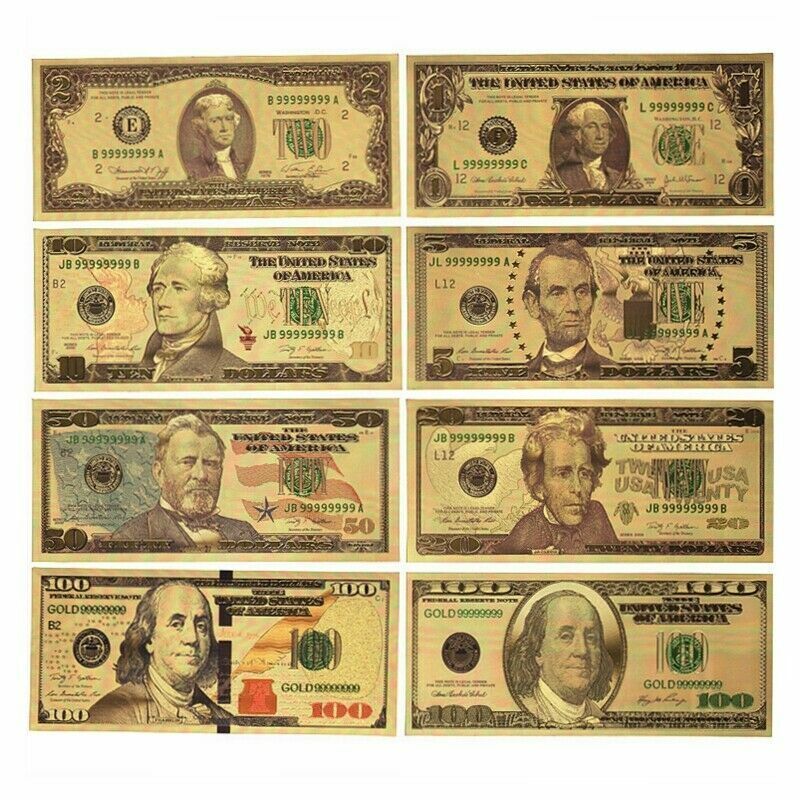 8PCS Gold Dollar Bill Full Set Gold Banknote Colorful USD 1/2/5/10/20/50/100