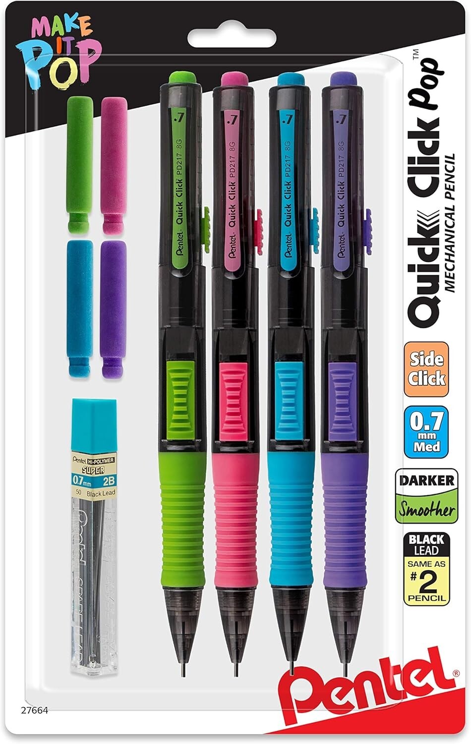 Pentel Quick Click Pop Mechanical Pencil, 0.7mm, Pack of 4 pencils