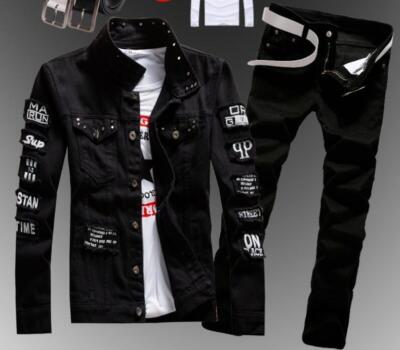 Men Denim Ripped jeans Coat Pants Suit 2PCS Cotton Casual Jacket Trousers Slim @