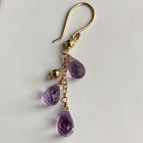 Single 14K Gold Earring Amethyst Briolette Drops Dangle 42mm Long Hook 14ct 585 - Picture 4 of 7