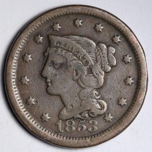 1853 Braided Hair Large Cent CHOICE VF E208 ACL - Picture 1 of 2