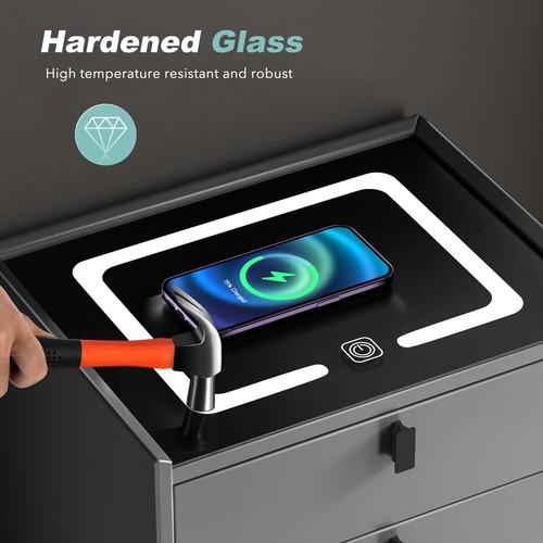 LED Bedside Table Wireless Charging Side Cabinet Nightstand with 3 Drawers Gray - Picture 9 of 15