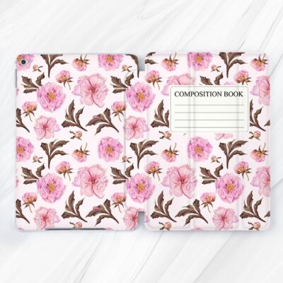 Pink Flowers Composition Book Case For iPad A16 Air 11 13 Pro 13 12 9 Mini 7 A17