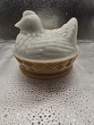 Vintage Avon Chicken Hen On A Nest Milk Glass Tan 1973 Candy Nut Trinket Dish