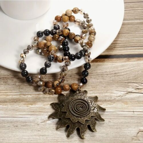 Collana bohemien 8 mm pietra naturale vetro nodo tribale antico ciano sole luna - Foto 3 di 4