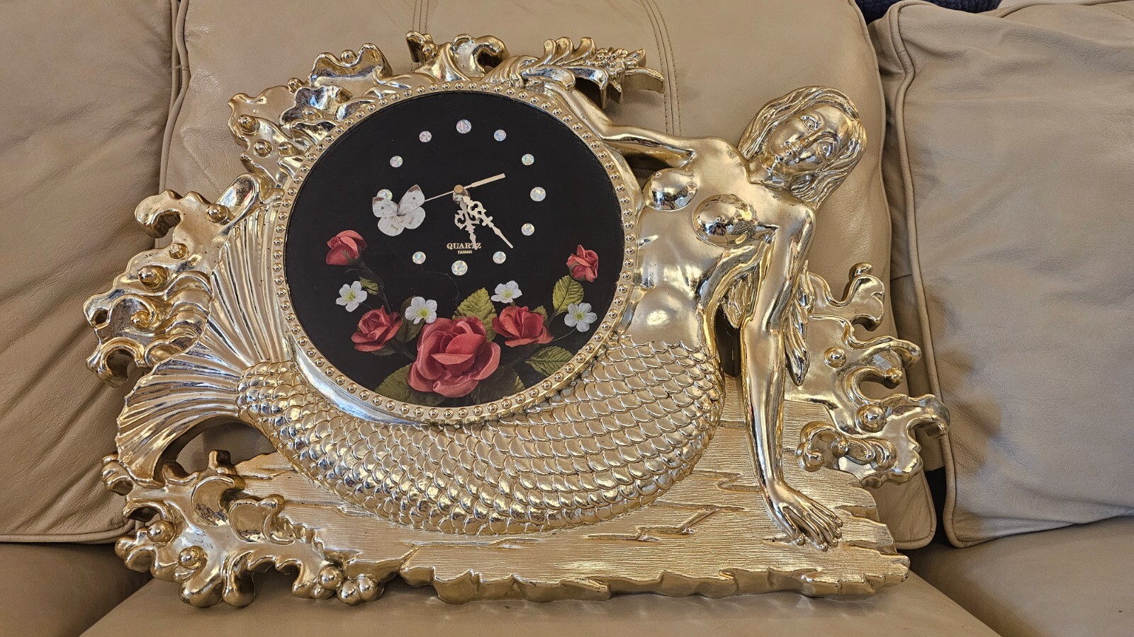 Vintage Mid Century Gloriously Kitsch Mermaid Wall Clock Gold Plastic 23" x 17"
