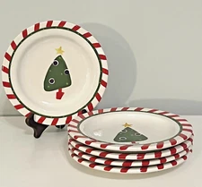 PIER 1 Christmas Tree Ironstone Dessert Salad Plates Candy Cane Stripes Set of 5