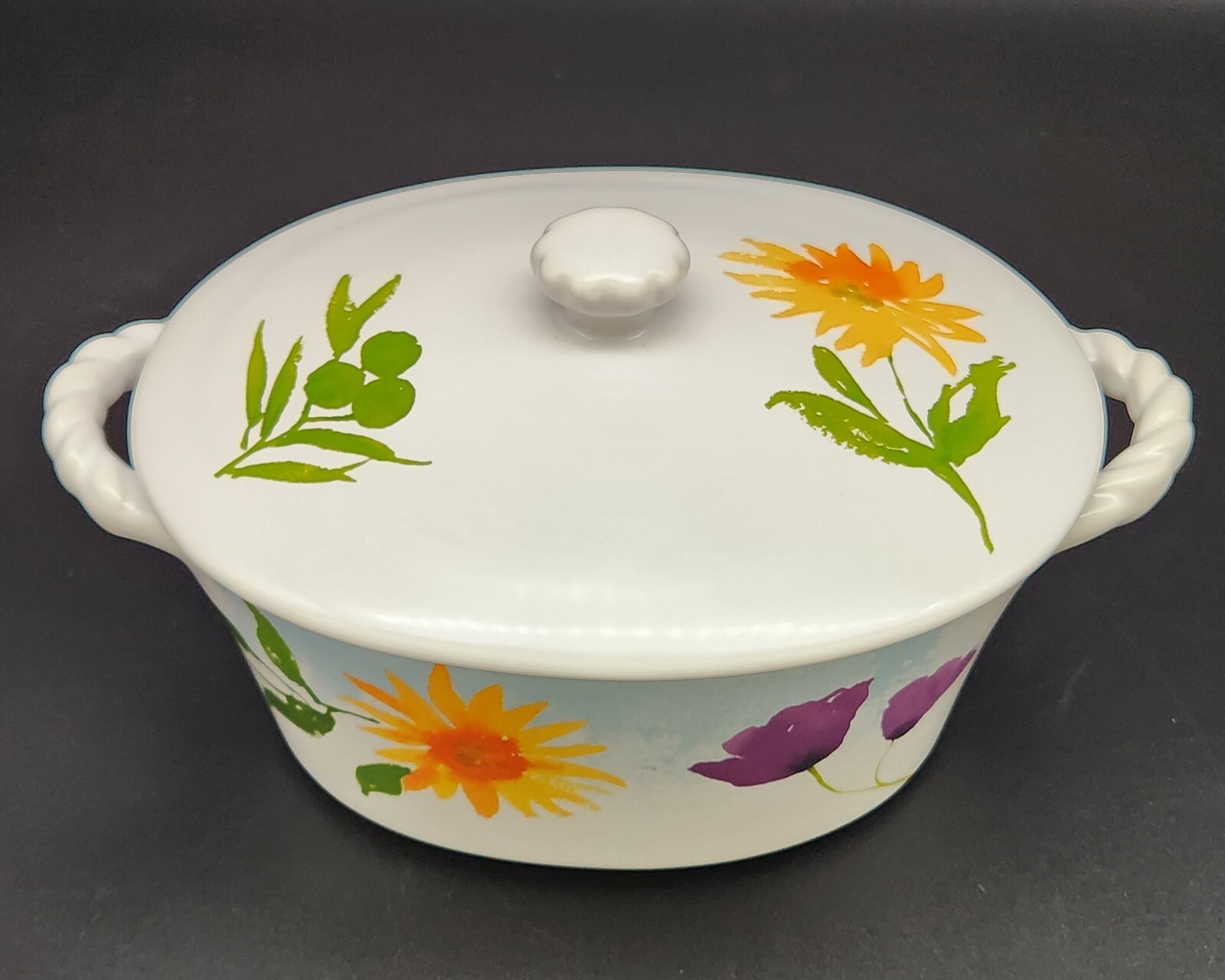 Lenox American By Design Sunflower Blue Ceramic Casserole Baking Dish Lid Floral