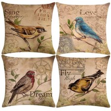 Set of 4 Vintage Bird Pillow Covers Birds On The Branch with Inspirational Wo...