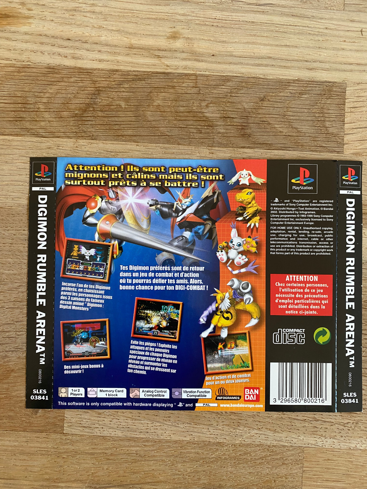 JAQUETTE ARRIERE  DU JEU PLAYSTATION 1 PS1  DIGIMON RUMBLE ARENA
