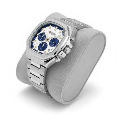 CURREN Men Silver Chronograph Watch Quartz Blue White Dial Date 39mm