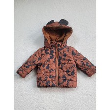 Disney Mickey Mouse Puffer Jacket Kids 18M Brown Hooded Ears Zip Up Coat