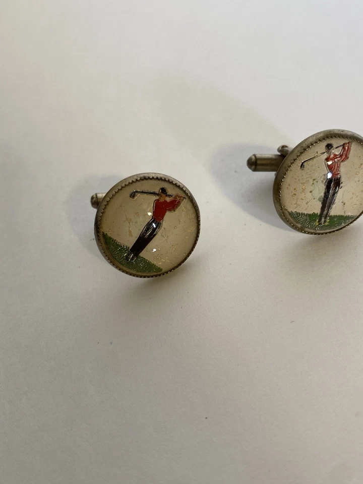 Camisa roja gemelos diseño estudio golfista golfista vidrio pintado al revés vintage RARA Foto 3 de 4