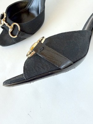 Gucci Black Canvas Monogram Mules Kitten Heels w/ Gold Horse-bit